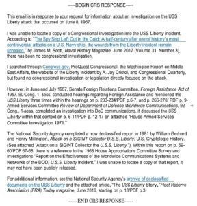 CRS Response to Congressional Investigation of USS Liberty Attack