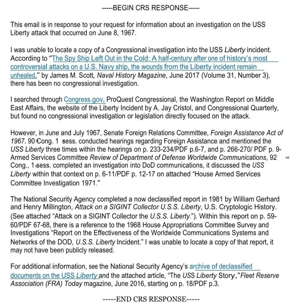 CRS Response to Congressional Investigation of USS Liberty Attack